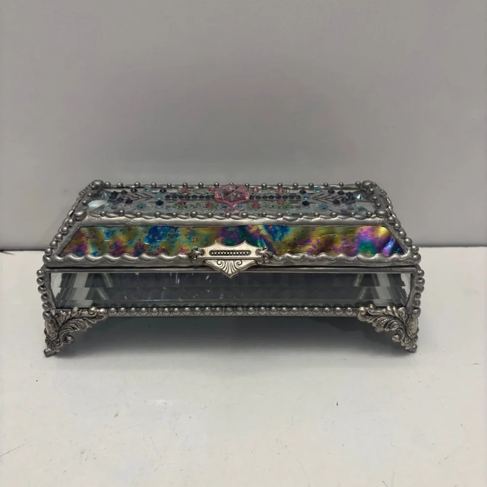 Jewel Encrusted Treasure Jewelry Box, Stained Glass, Desk Accessory, Trinket Box